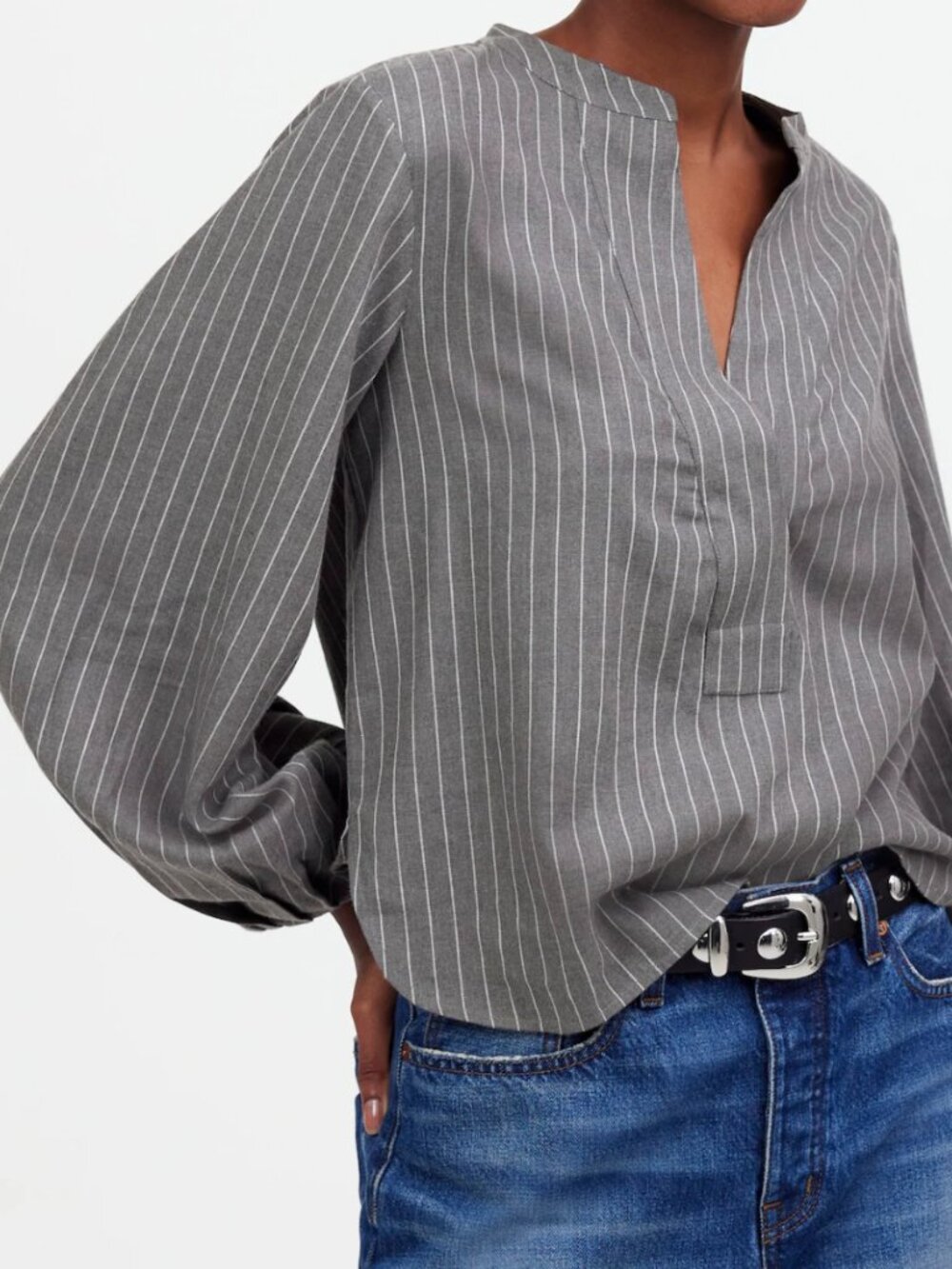 Madewell Gray Striped V-Neck Balloon Sleeve Lightweight Flannel Blouse EUC XXS